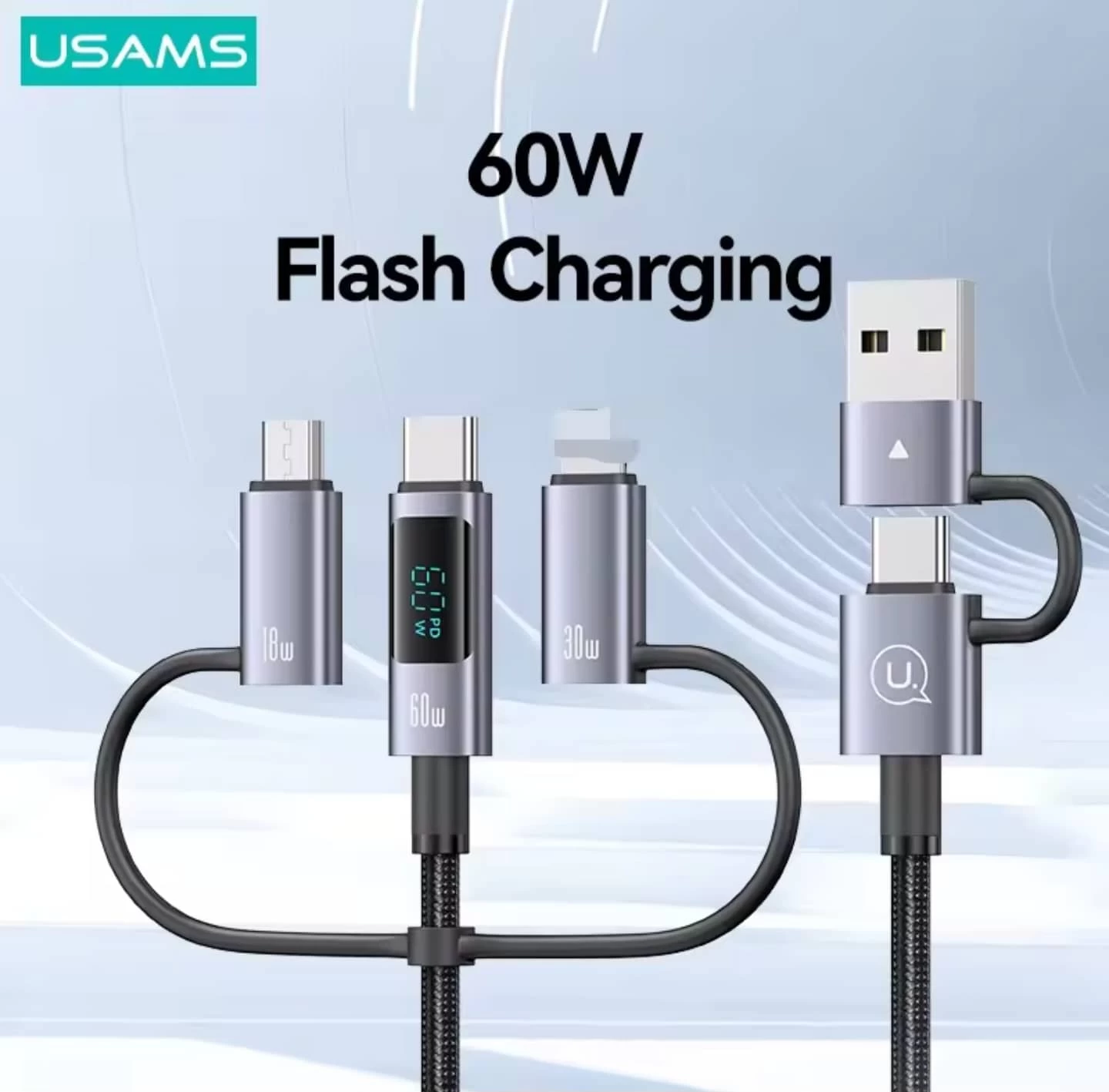 سلك شحن سريع سلكي متعدد المنافذ 60w بطول 1.2m