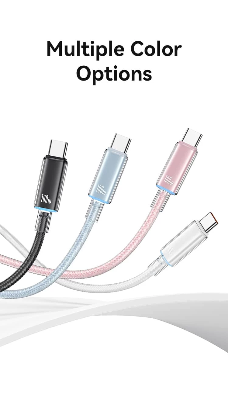 كابل بيانات شفاف للشحن السريع من Type-C إلى Type-c  مزود بإضاءة 100w