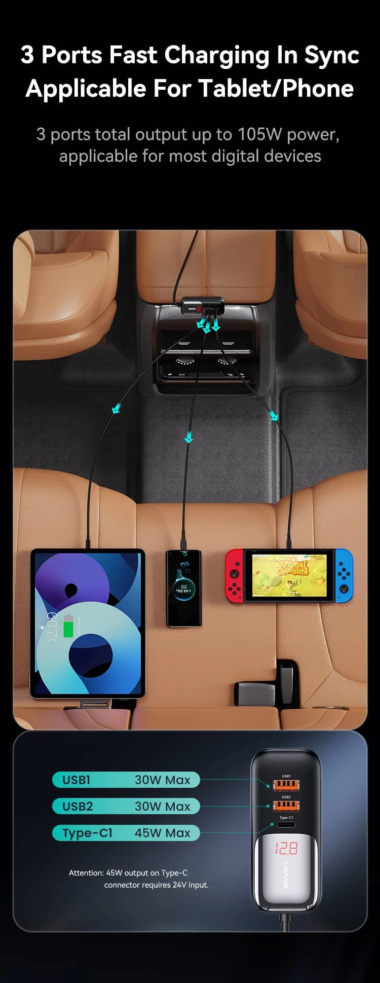 منافذ شاشة رقمية  شاحن سيارة سريع مع كابل