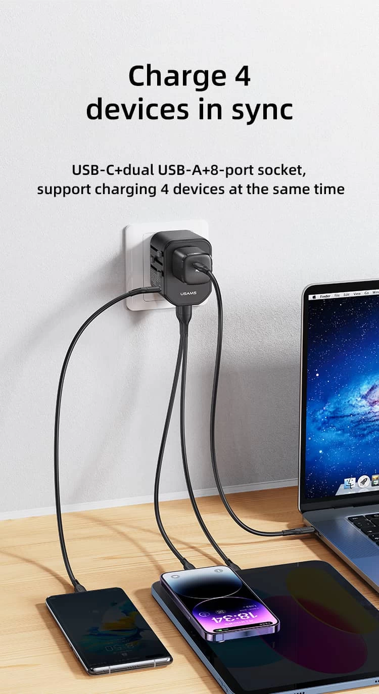شاحن 4 اجهزه في وقت واحد منفذ USB-C + منفذ USB-A مزدوج +مقبس  8 منافذ