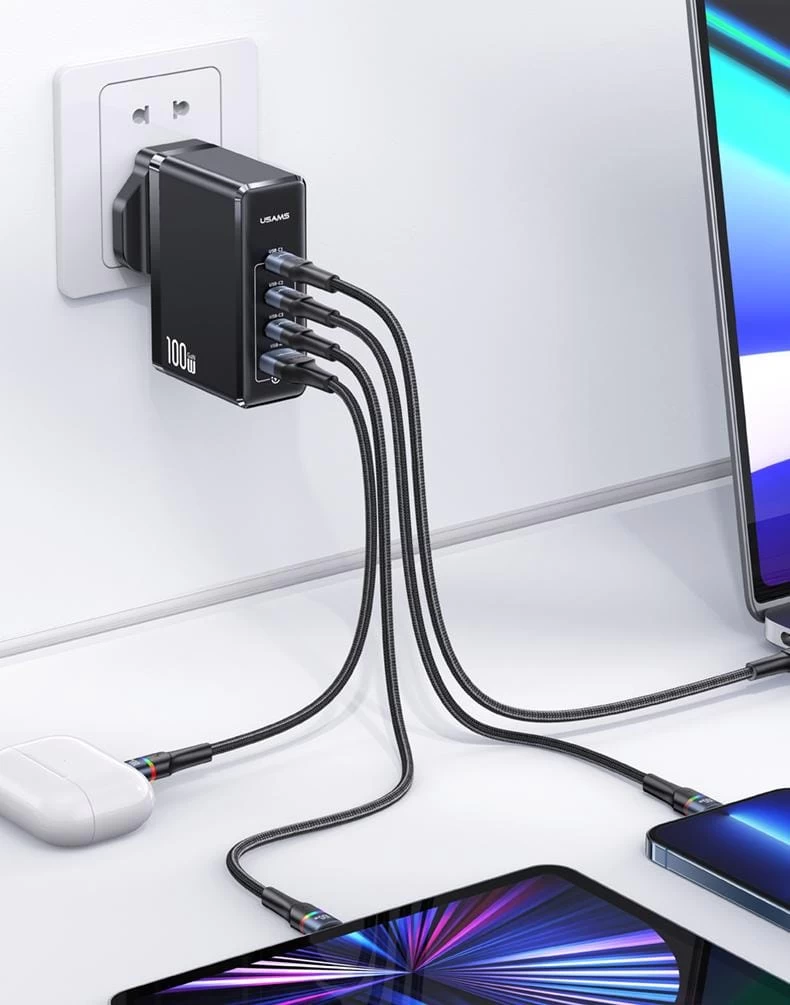 شاحن بأربعة منافذ بقوة 100 وات